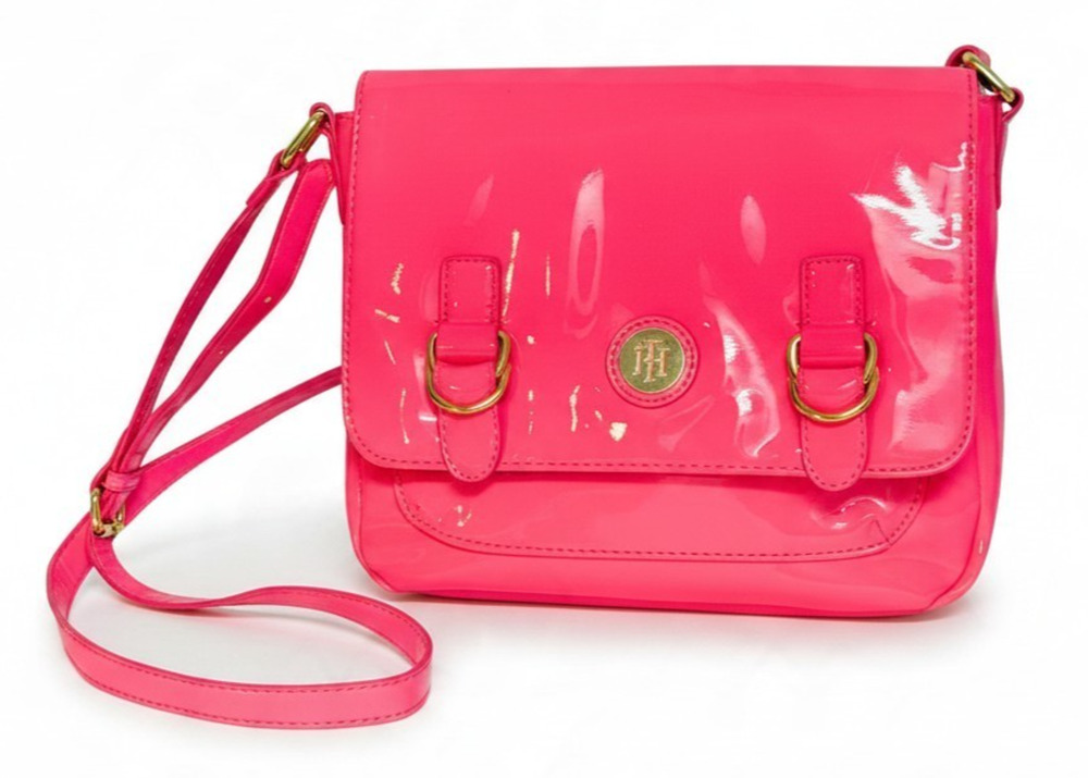 Tommy Hilfiger Bold Hot Pink Patent Leather Crossbody Purse Messenger Bag Style